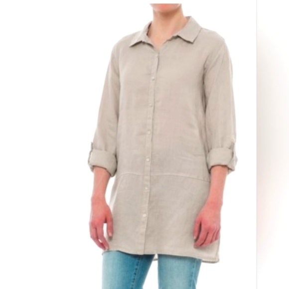 Tahari Tan 100% Linen Tunic Top - Picture 1 of 7